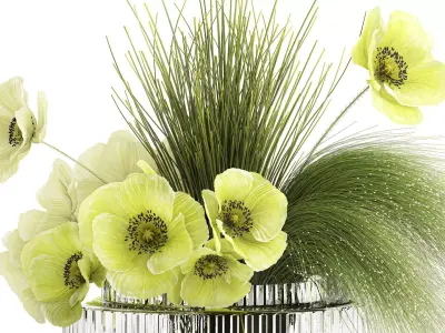 Bouquet Of Green Flowers Poppy And Grass In Glass 603 3D model