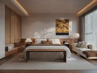 Modern Asian Twin-Bed Suite - Warm Wooden Japandi Bedroom 3D model