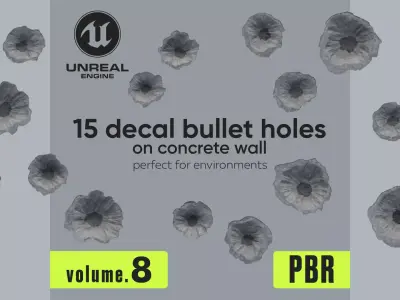 15 Bullet Hole Decals Pack on Concrete Wall 8 Texture