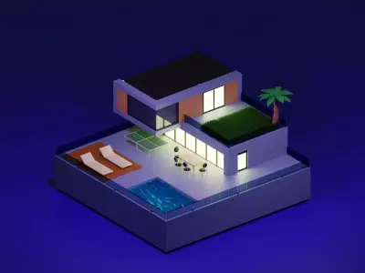 Villa modern house at night Free 3D model