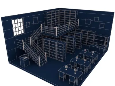 Library with bookshelves and stairs Low-poly 3D model