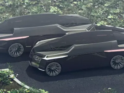 Limousine two futuristic cars parked on side of road Free 3D model