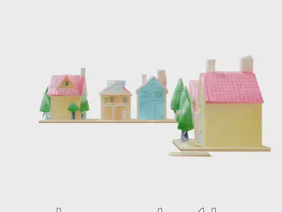 Miniature Toy Townhouses with Pink Roofs and Blue Facades Low-poly 3D model