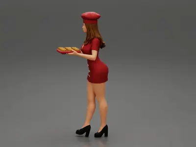 Chef woman carrying tray of Cupcakes 3D print model