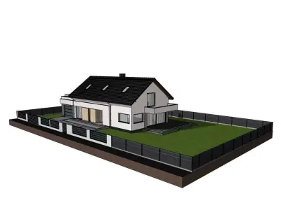 Modern Family House 3D Model with Garden and Fence 3D model