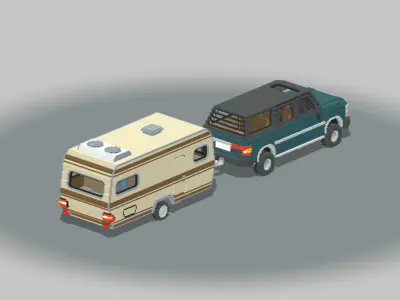 Voxel Caravan With SUV Tow Low-poly 3D model