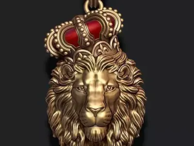 Lion pendant with crown and closed mouth v2 006 3D print model