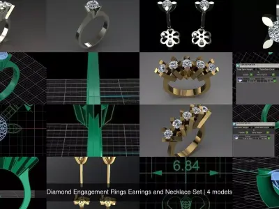 Diamond Engagement Rings Earrings and Necklace Set 3D Model Pack