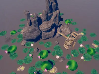 RockeryLotusPond water wheel and lotus lilies in water Low-poly 3D model