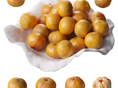 Tangerines in a clay bowl Low-poly 3D model