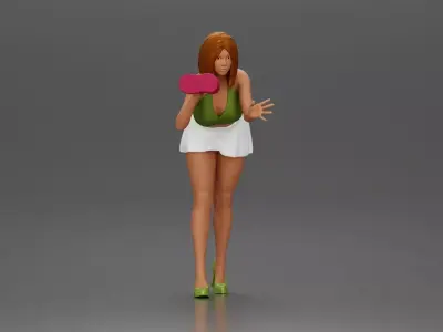 Woman in green top and white skirt washing car with sponge 3D print model