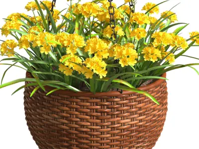 Hanging basket flowerpot rattan pot with flowers 3D model