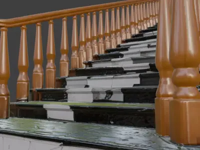 Classic Dark Marble Staircase with Ornate Wooden Balustrade 3D model