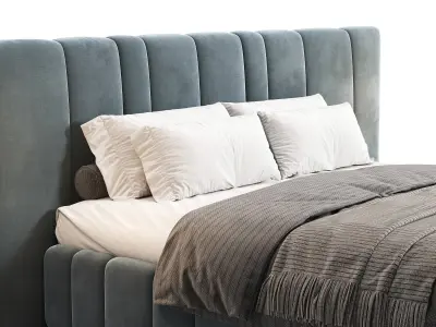 Areli Gray Blue Velvet Luxury Wide Headboard Bed  3D model