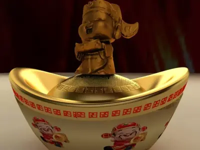 Chinese gold ingot with god of weathy 3D model