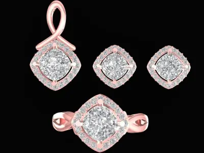 Luxury Square Halo Diamond Jewelry Set 3D Model 3150 3D print model