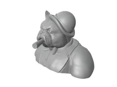 Gentleman French Bulldog half body with bowler hat and cigar 3D print model
