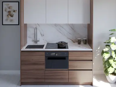 Mini small kitchen walnut white and marble 3D model