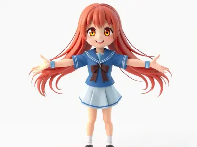 Anime Style Schoolgirl Character Flowing Hair and Bright Eyes Low-poly 3D model