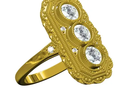 Three Diamond Art Deco Ring 3D print model