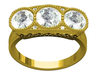 Three Stone Vintage Style Art Deco Ring 3D print model
