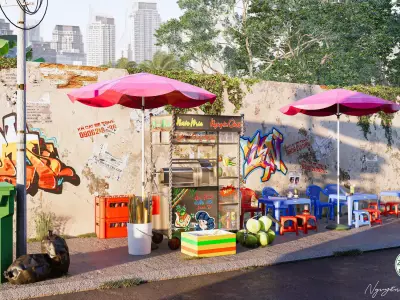 Peddling street umbrellas and chairs 3D model