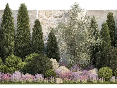 Garden with alpine slide bushes of thuja and lavender 1265 3D model
