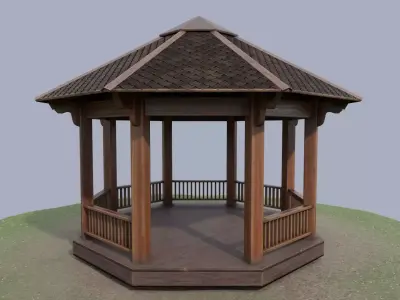 Wooden octagon gazebo house in garden Low-poly 3D model