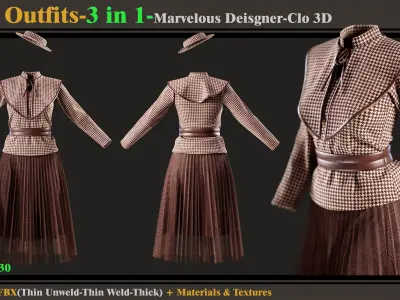 3 in 1 Girls Outfits-Clo3d-OBJ-FBX -Materials-Textures 3D model