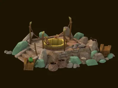 Cartoon  well stone  water vine tree fence  wooden fence 3D model