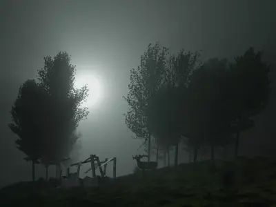 Forest-Car-Deer-Field-Grass graveyard with trees in fog Free 3D model