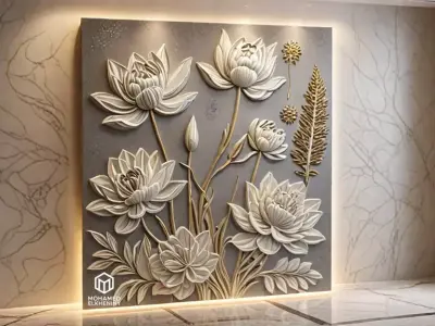 Lotus flowers wall art set relief STL panel carving CNC 261 3D model