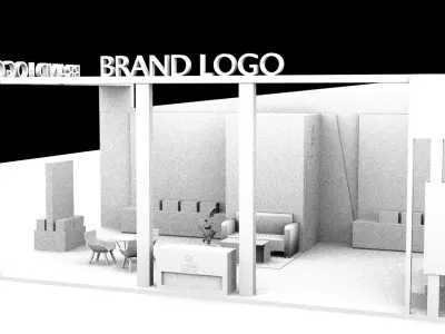 Interactive double-sided trade show booth with display walls 3D model