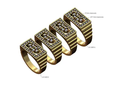Undulated diamond cluster rectangular top ring US sizes 6to9 3D print model