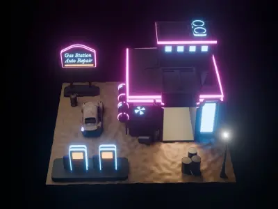 Cyberpunk Stylized Gas Station Building 3D model Low-poly 3D model