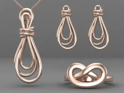Knot set gold jewelry with infinity necklace and ring 3D print model