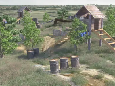 Paintball wooden structure in middle of grassy field 3D model