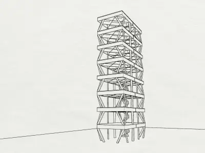 Middle-rise wooden building Low-poly 3D model