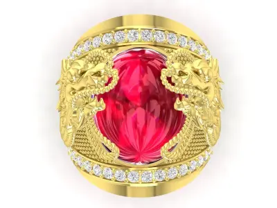 Luxury Twin Dragon Red Gem Ring for Men  3319 3D print model