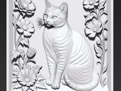 Cat and Flowers A34 3D print model