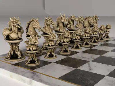 Dragon Chess Pieces Set of 6  Fantasy Dragon Busts Baby Dragon  3D print model