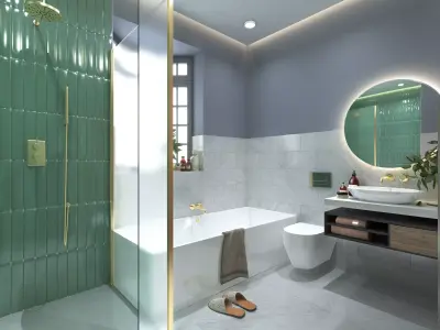 Modern Green Tile Luxury Bathroom Interior 3D Model 3D model