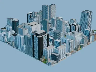 City Downtown Skyscraper Street 02 - DAY Low-poly 3D model