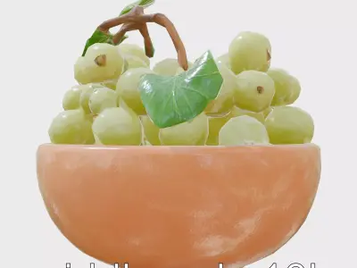 Green Sultana Grapes in Ceramic Bowl with Leaves Low-poly 3D model