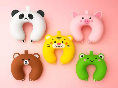 Set 5 Cartoon Animal U-Shaped Neck Pillow Low-poly 3D model