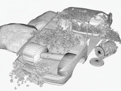 4K realistic low poly abandoned car recycle bin and rock Low-poly 3D model