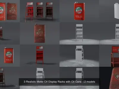 3 Realistic Motor Oil Display Racks with Oil Cans  3D Model Pack