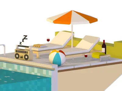 isometric Relax pool on the sun loungers Low-poly 3D model