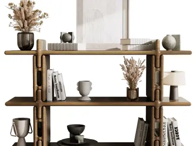 Wooden Shelves Decorative With Plants and Book - wooden Rack 43  3D model