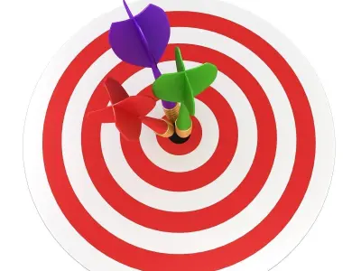 Dartboard Set three colorful darts in center of target 3D model